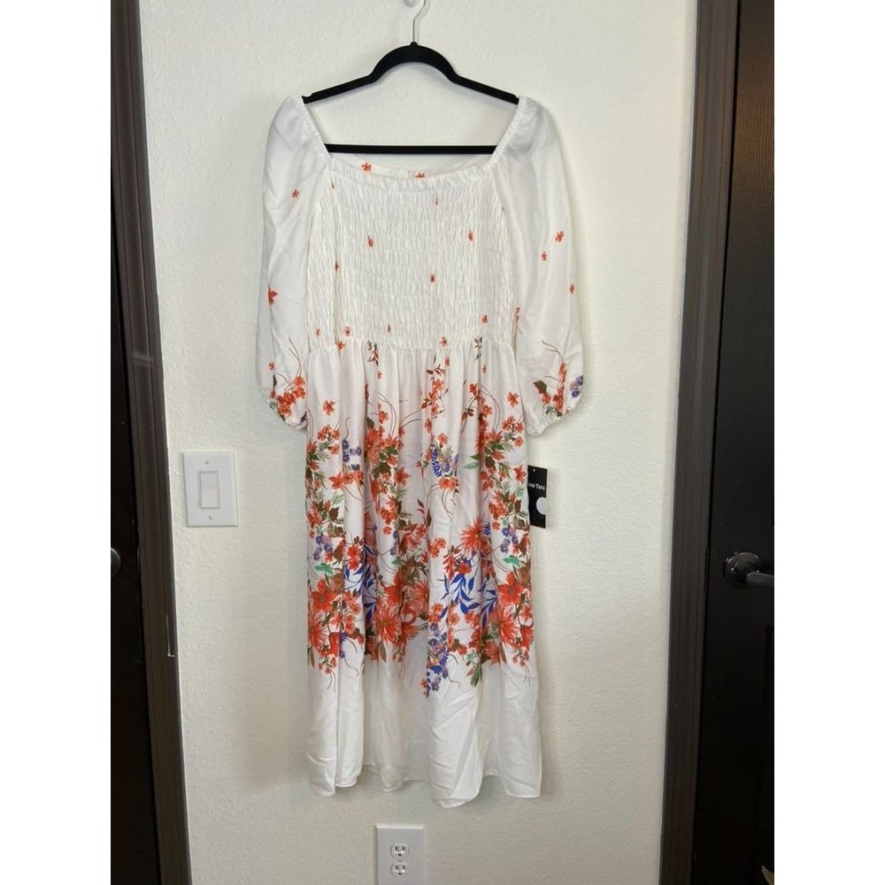 Maison Tara women's 12 white 3/4 puff sleeve smocked floral midi dress spring
